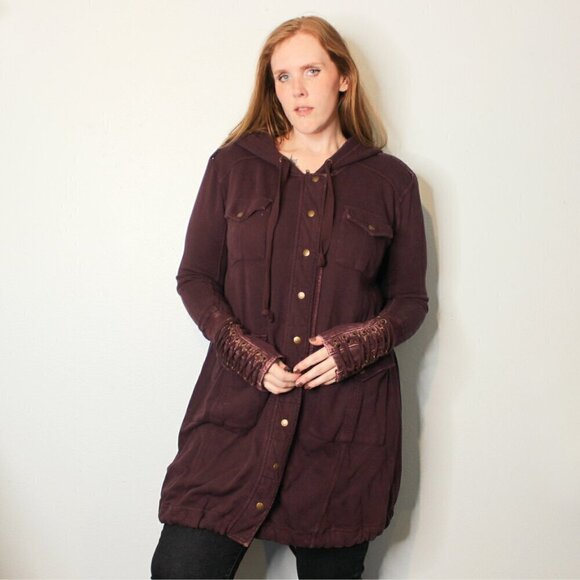 Free People Chelsea Cardigan Purple Lace Up Wrist Sleeve Cuff Large Jacket